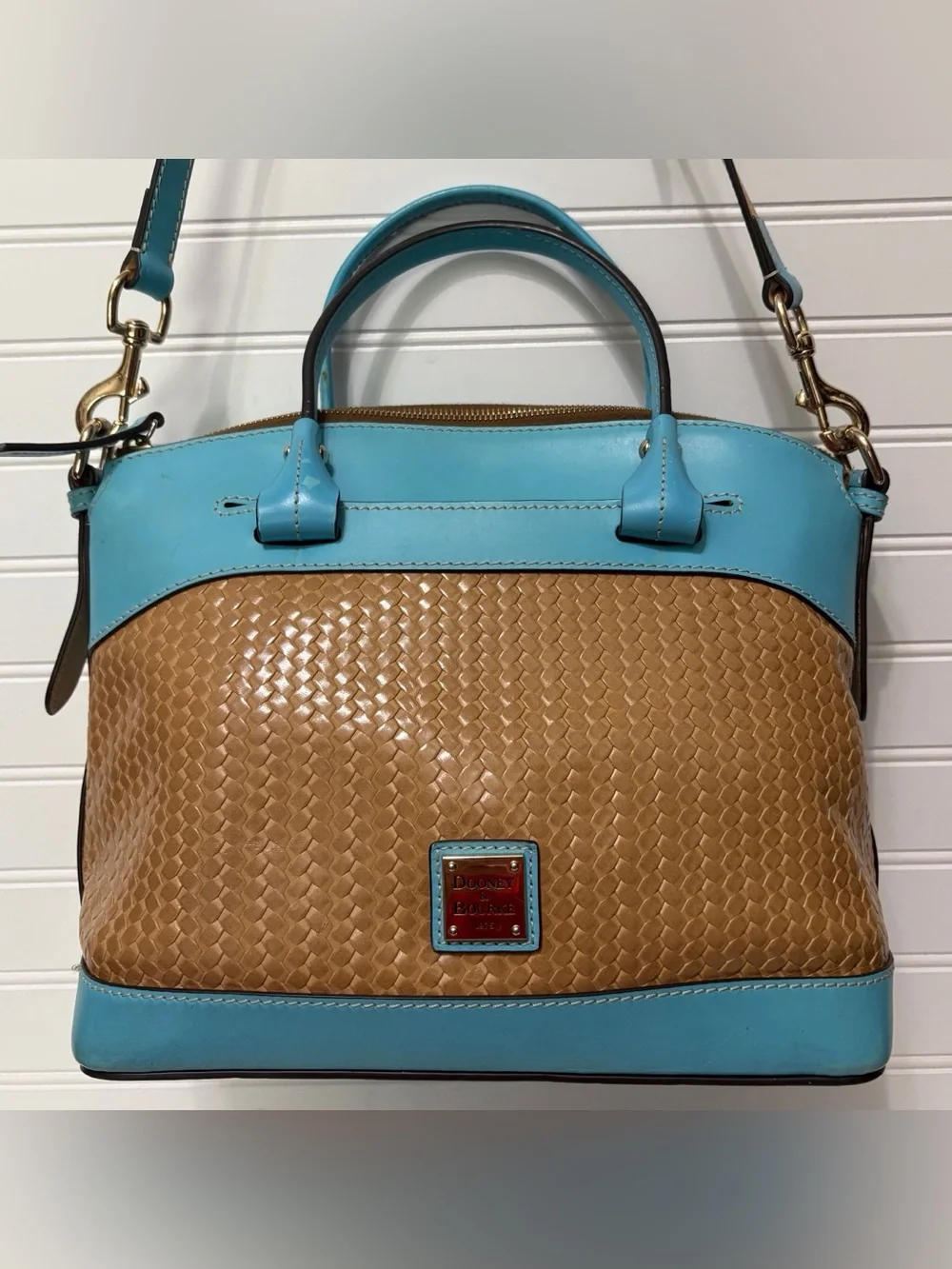 Dooney & Bourke Blue Leather Brown Woven Domed Satchel Shoulder Bag Purse Tote